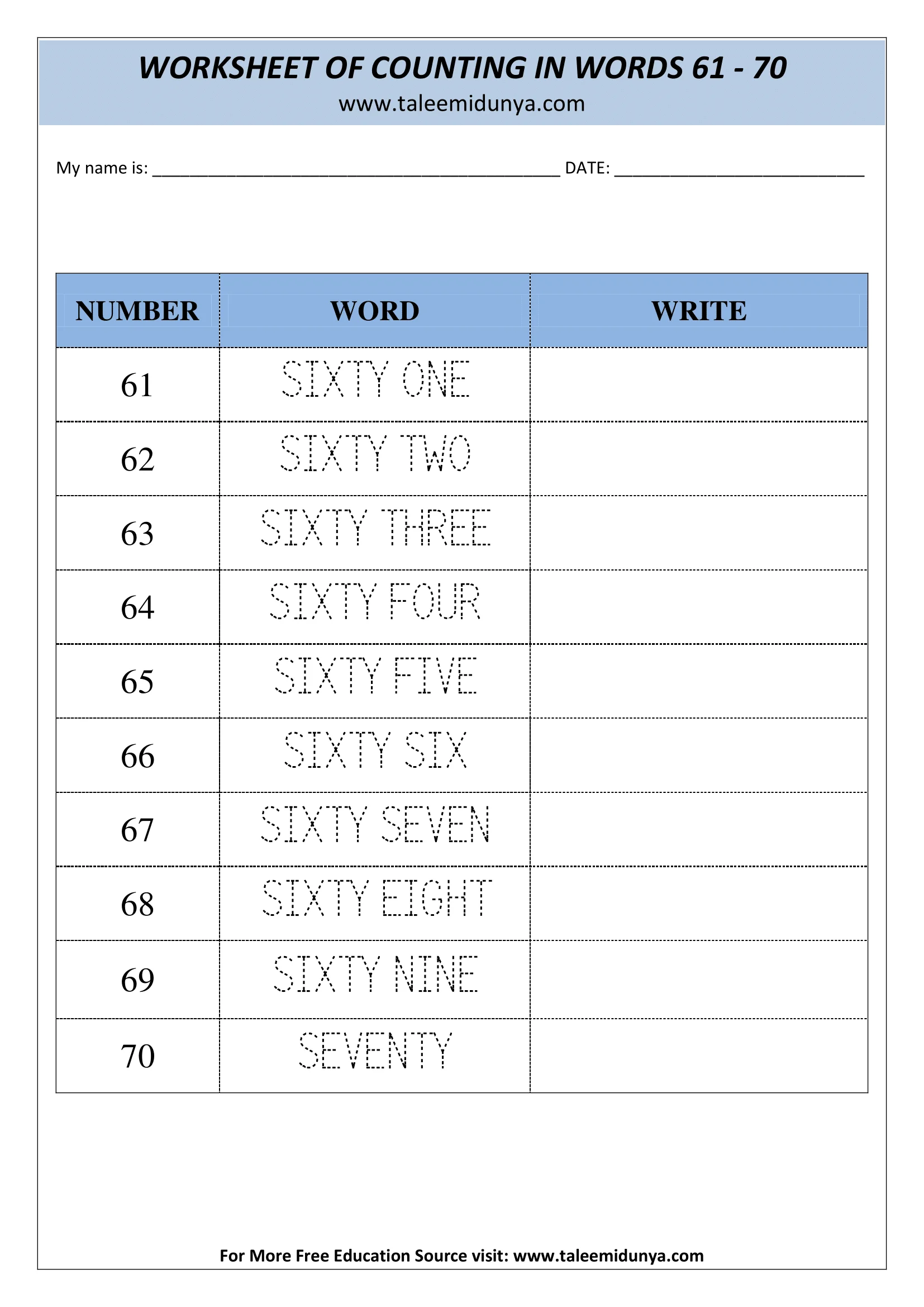 COUNTING IN WORDS 61-70